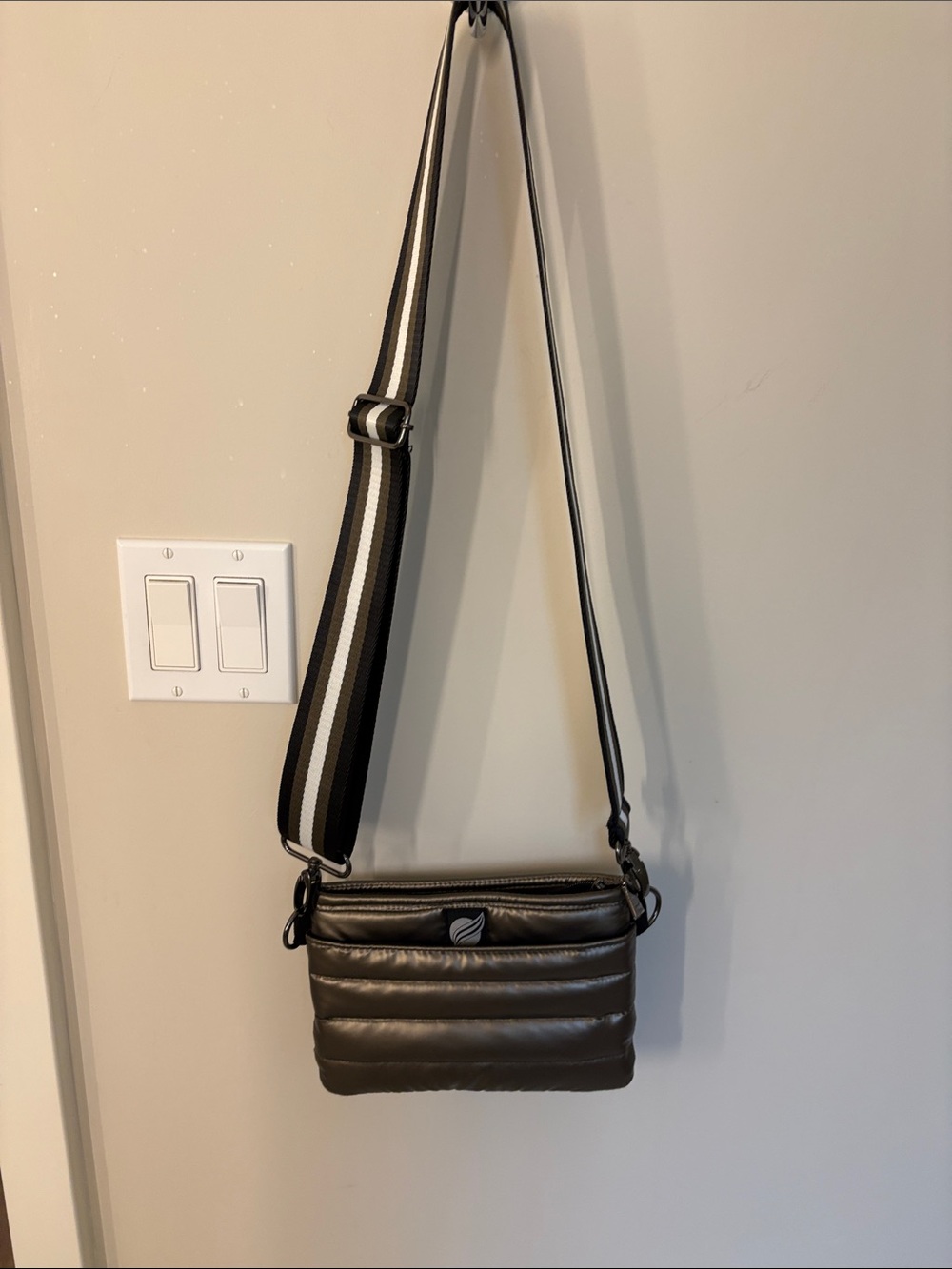 THINK ROYLN Quilted Crossbody Bag in Brown with Striped Strap